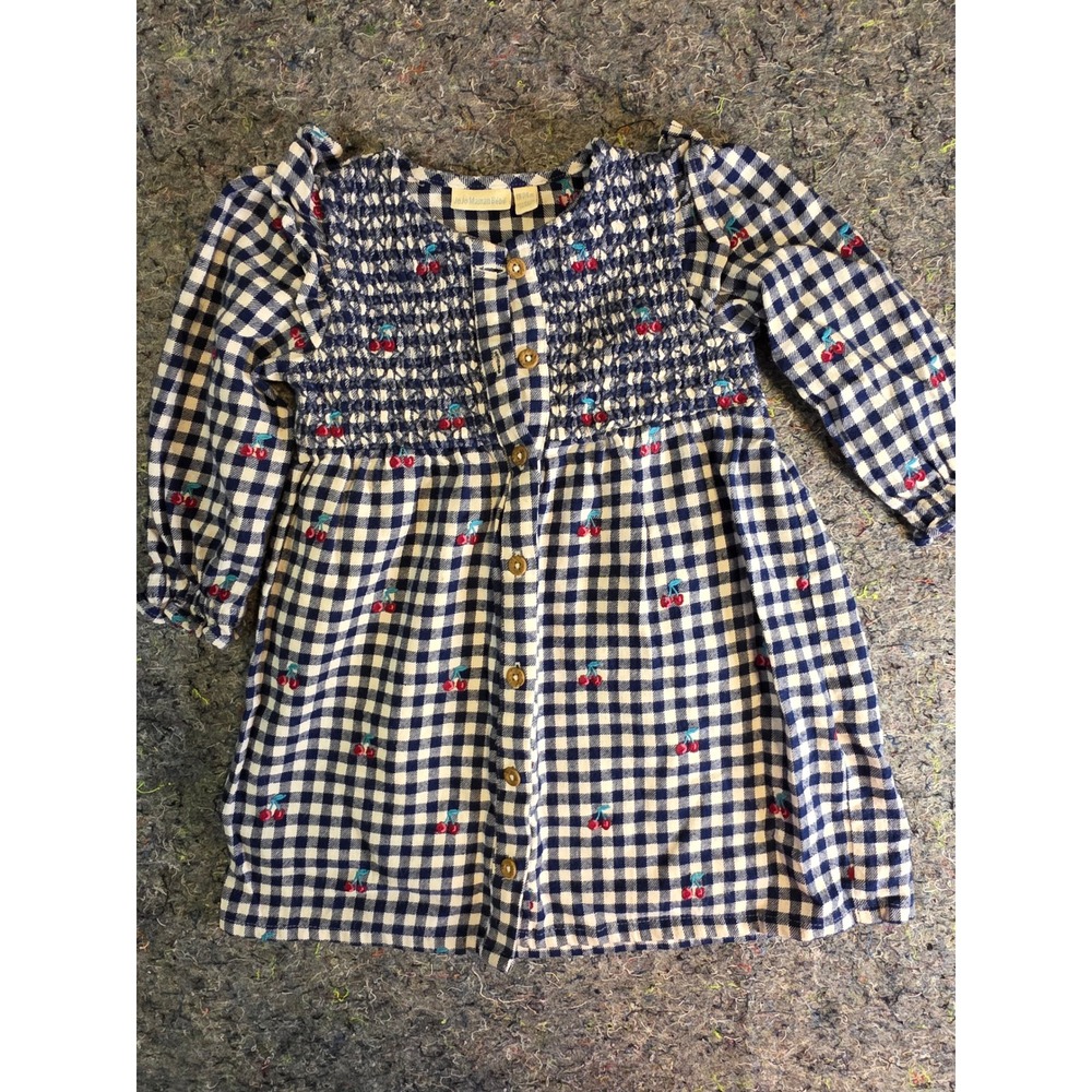 947 JoJo Maman Bebe Baby Girl Gingham Cherry Embroidered Smocked Dress 18-24M